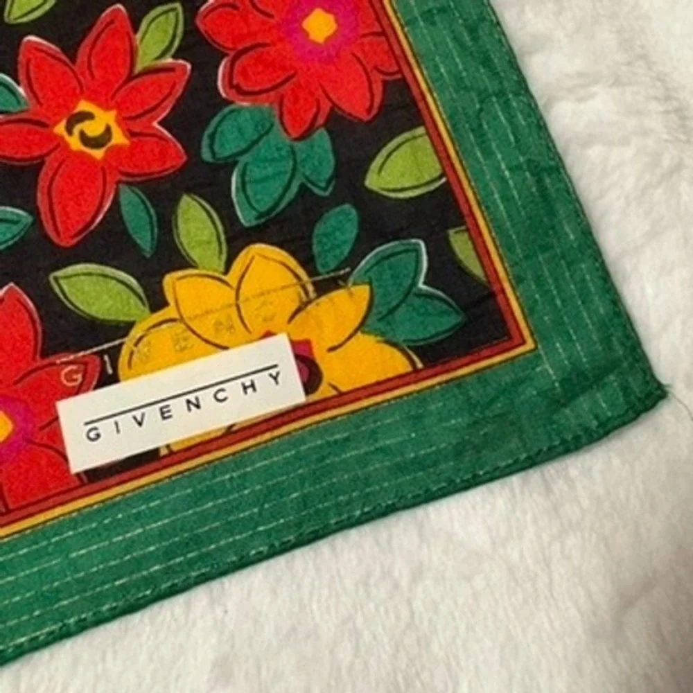 Vtg GIVENCHY Scarf Handkerchief Floral Black Green Red Yellow 18.5